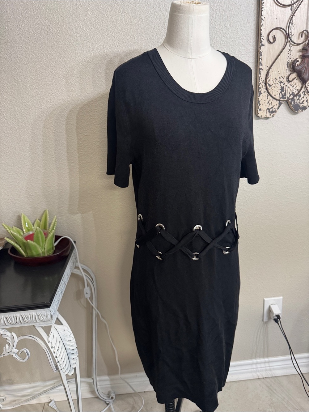 Black Short-Sleeve Knit Dress with Lace-Through Waist Detail